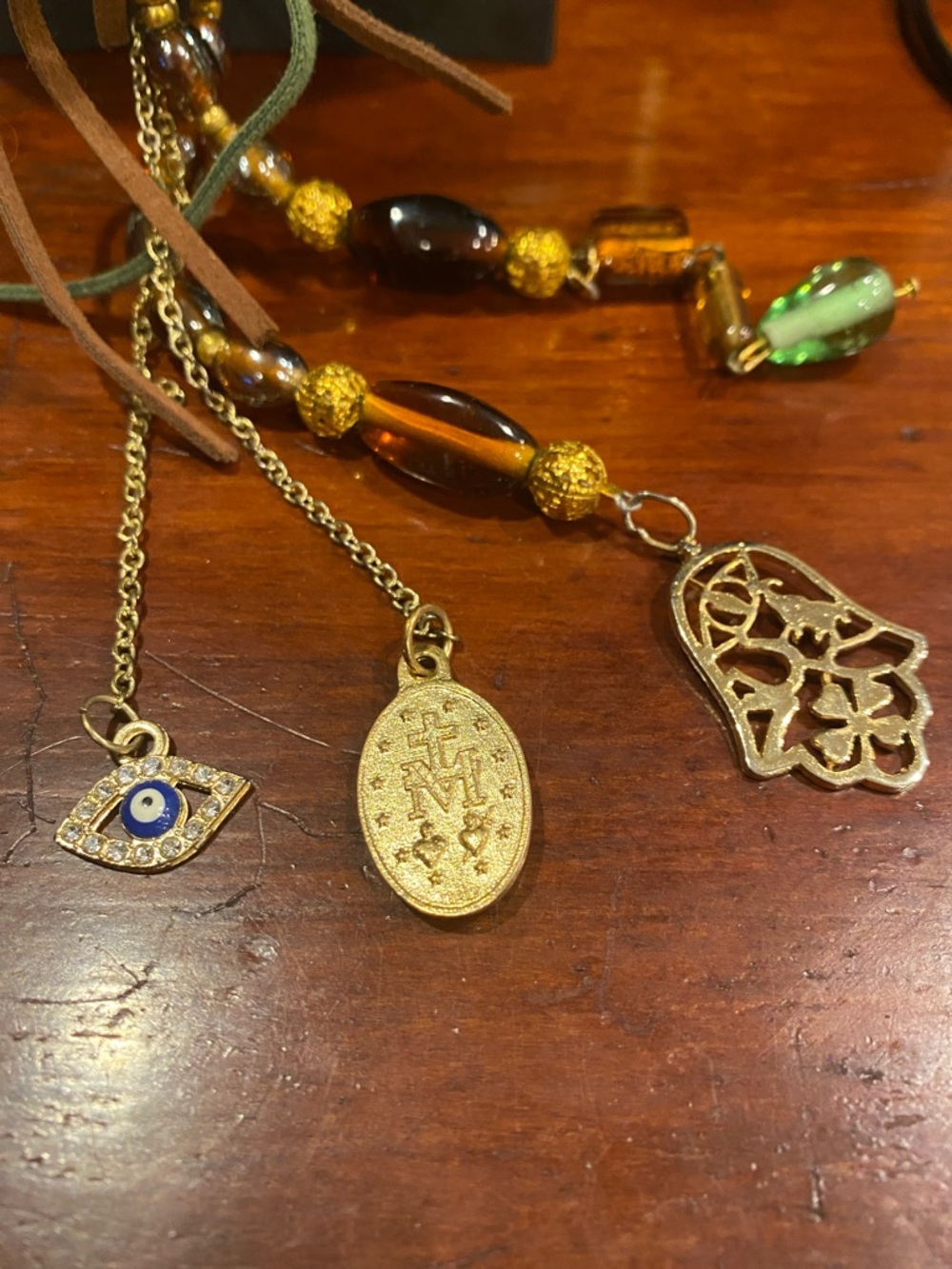 Wacky Item for Challenge Gold-Tone Multi Charm Necklace with Amber color Beads - Picture 4 of 12